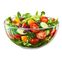 A vibrant salad bowl filled with fresh greens, cherry tomatoes, cucumbers, and colorful bell peppers.