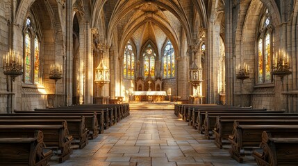 Fototapeta premium Majestic Medieval Chapel Interior with Stone Floors and Stained Glass