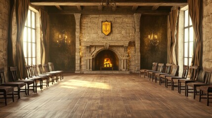 Fototapeta premium Elegant Medieval Parlor with Heavy Velvet Drapes and Fireplace