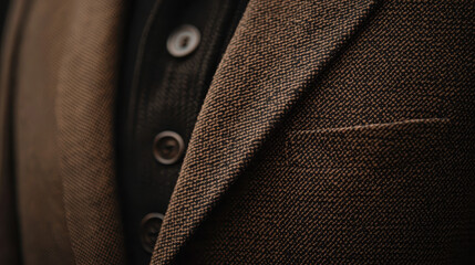 Close-up view of a mocha mousse tailored blazer with sharp lapel details in modern attire