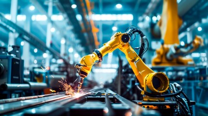 Close up a yellow arm robot welding metal pipe part in the industry factory.