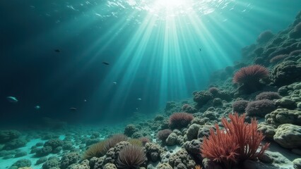 Underwater view of a coral reef ecosystem with sunlight filtering through water	