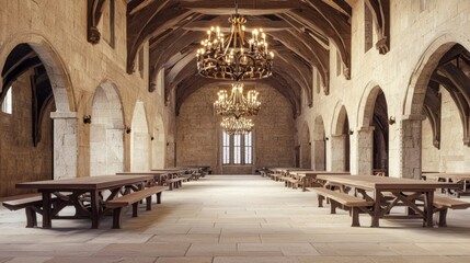 Obraz premium Grand Medieval Great Hall with Wooden Tables and Elegant Chandeliers