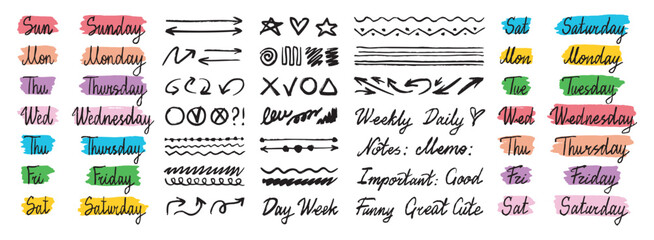 colorful doodle hand drawn lettering days of week. Sunday, Monday, Tuesday, Wednesday, Thursday, Friday and Saturday. Stickers for planner, journal. handwritten days week clipart.