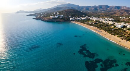 Fototapeta premium Aerial View of Beach and Turquoise Water in Greek Island Summer
