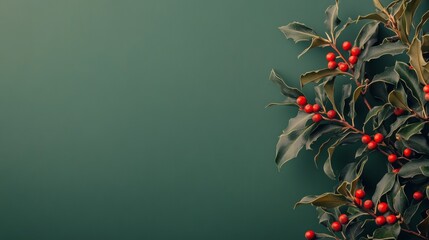 Vibrant holly leaves and berries on a rich green background create a festive atmosphere for the...