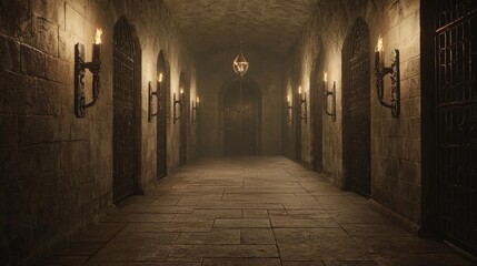 Enigmatic Medieval Castle Hallway with Stone Walls and Lanterns