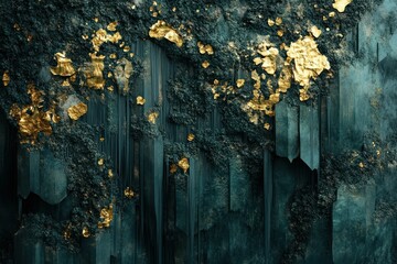 An abstract and modern 3D wall art design featuring a dense forest with dark green hues and golden accents, creating a sense of depth and opulence.