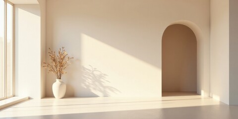 Serene Minimalist Interior with Archway and Dried Floral Arrangement in a Sunlit Room