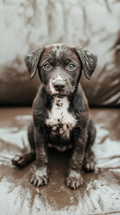 Adorable Muddy Puppy Sitting on Sofa with Innocent Expression