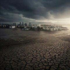 Cracked soil encroaching on flooded city under dark clouds