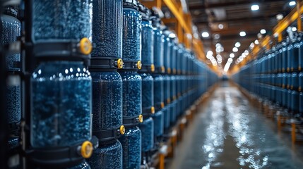 Naklejka premium Modern Industrial Blue Liquid Storage Tanks Rows dark deep line water 