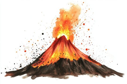 Erupting volcano illustration, fiery lava flow, isolated, nature disaster, graphic design