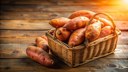 Fresh Sweet Potatoes in a Rustic Woven Basket on Wooden Table