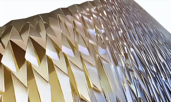 Modern architectural facade with a geometric gold and silver pattern. Perfect for urban design, contemporary architecture, luxury aesthetics, and abstract backgrounds.