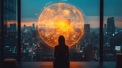 Woman Contemplating Futuristic Cityscape Globe data view dark night   