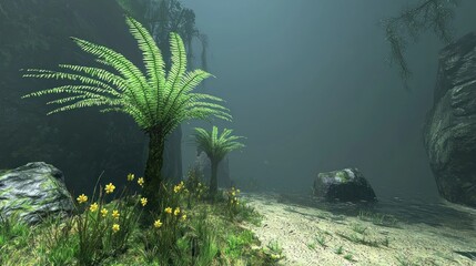 Misty fern-filled path through a rocky gorge