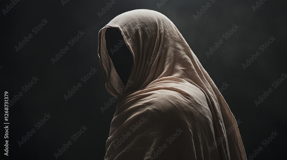 Poster a hooded figure cloaked in a soft pale pink fabric stands in a dimly lit environment, evoking an atm