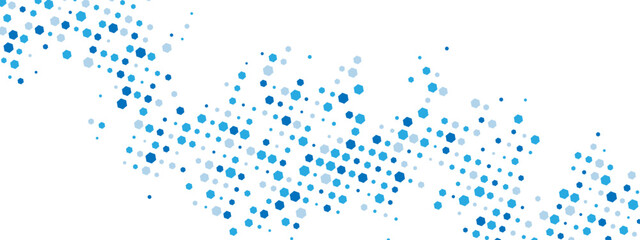 Energetic blue geometric frame. Chaotic hexagons, particles, and fragments create a textured cellular network feel. Great for business, tech, and medical posters, presentations. Vector illustration.