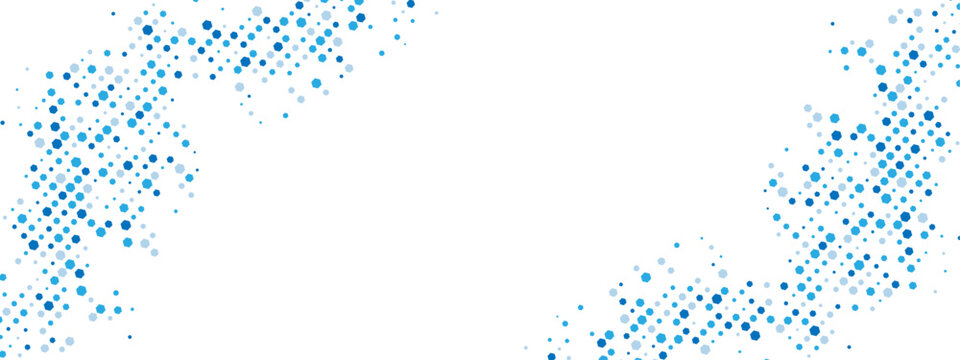 Energetic blue geometric frame. Chaotic hexagons, particles, and fragments create a textured cellular network feel. Great for business, tech, and medical posters, presentations. Vector illustration.