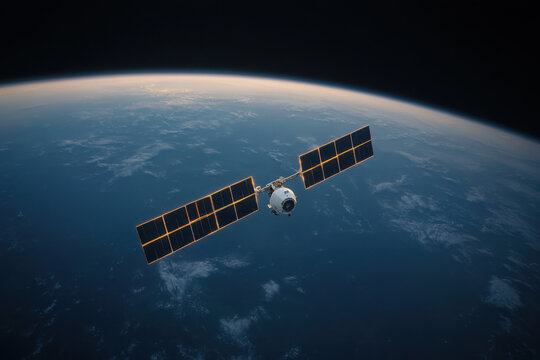 Space station orbiting earth with solar panels deploying