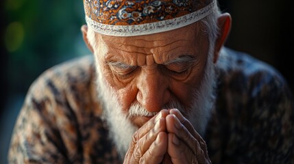 In a tranquil environment during twilight, an elderly bearded Muslim man kneels with hands clasped in prayer, reflecting deeply. His expression shows wisdom and serenity, embodying devotion