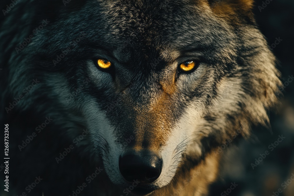 Aufkleber majestic wolf with striking yellow eyes gazes intensely in a forest setting during late afternoon li