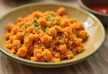 Stewed rice with a carrot on a plate over black background, close up
