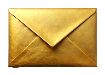 Open gold envelope with a glossy finish and triangular flap, perfect for delivering important or celebratory messages. Isolated on transparent background, png.