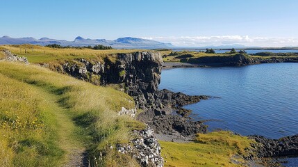 Obraz premium Coastal Cliffs Grassy Path Ocean View Sunny Day