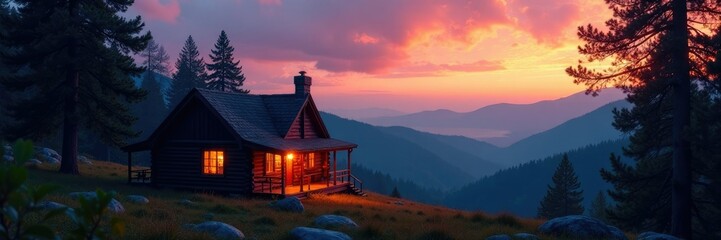 A cabin's chimney rises above the treetops as twilight falls, chimney, warm light
