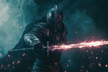 Naklejka premium A fierce warrior wielding a glowing sword and wearing enchanted armor