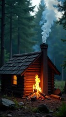 A chimney emits smoke from the roof of a cabin, chimney, wood, fire