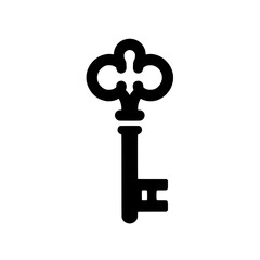 Ornate Key Icon: A vector illustration of an ornate skeleton key, featuring a decorative, flower-like head and a classic bit.  Perfect for projects needing a vintage, antique, or secret-society feel.