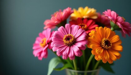 Obraz premium A colorful arrangement of zinnia flowers in a vase, blooms, colorful, flowers