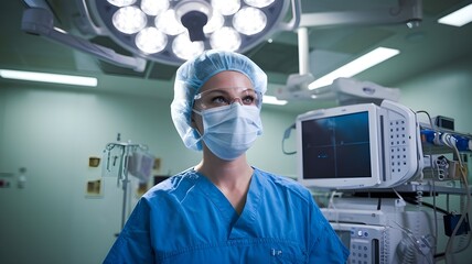 Naklejka premium A portrait of a female surgeon in a hospital operating theater, wearing surgical scrubs, a surgical mask, and protective glasses, with a focus on her professionalism and concentration as she prepares 