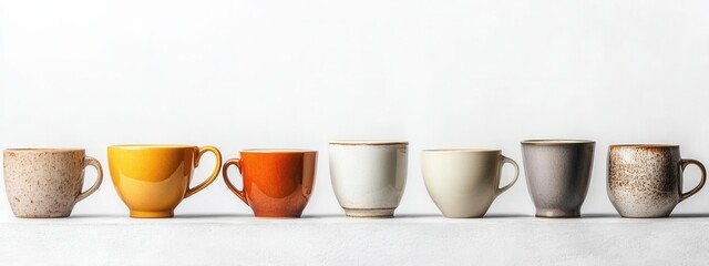 Colorful Ceramic Cups Displayed in a Row on a Minimalist Background for Artistic Appeal