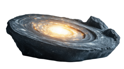 Spiral galaxy resembling milky way rotating on flat asteroid with transparent background