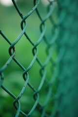 Naklejka premium Close-up view of a weathered green chain link fence against a blurred verdant background