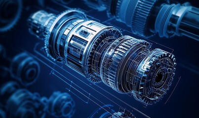 Detailed blueprint of a mechanical gear system on a dark blue background, complexities and intricacies of machine engineering.