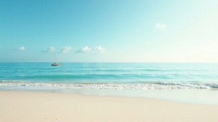 Obraz premium Serene Seascape A Solitary Sailboat on a Calm Ocean with a Pristine Sandy Beach