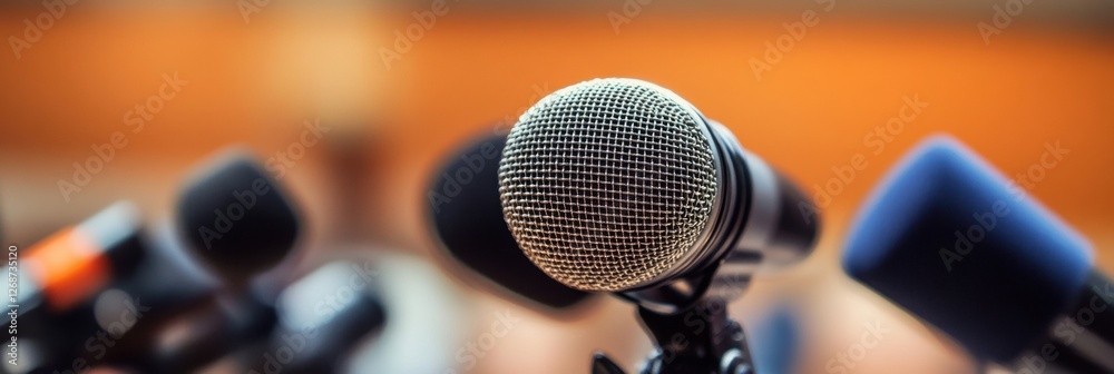 Leinwandbilder Close up view of multiple microphones arranged for an event in a conference setting during daytime hours. Generative AI