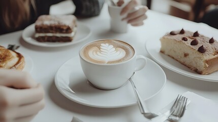 Warm Coffee Cup with Latte Art Surrounded by Delicious Desserts