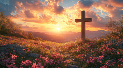 Cross standing amidst wildflowers on a spring hillside, with sunlight creating a warm halo