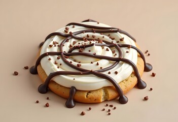 Fototapeta premium Delicious freshly baked cinnamon roll with a white topping garnished with hazelnut cream on a white table and pink background. 