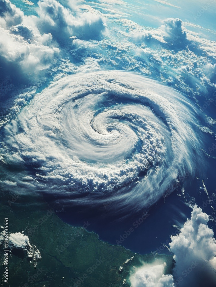 Poster Strong hurricane swirling over the ocean captured from above during daylight hours showing intricate cloud patterns. Generative AI