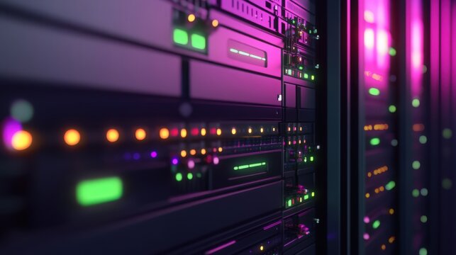 Illuminated server room with glowing lights in a data center environment