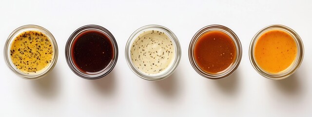 Five Various Homemade Sauces Displayed in Glass Jars on a White Background