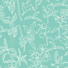 hand-drawn jungle botanical seamless pattern with exotic plants, birds, and wildlife
