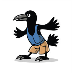 Cartoon crow wearing a blue shirt and tan shorts, standing with its arms outstretched against a light background.
